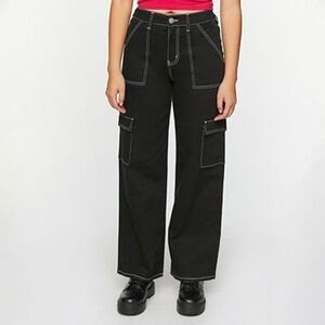 Forever 21 Twill Mid Rise Carpenter Cargo Wide Leg Pant Denim Women's XS Black